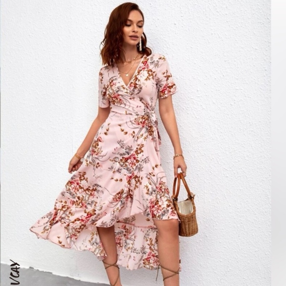 Floral Print Knot Side Ruffle Trim Wrap Dress Pink Size Large